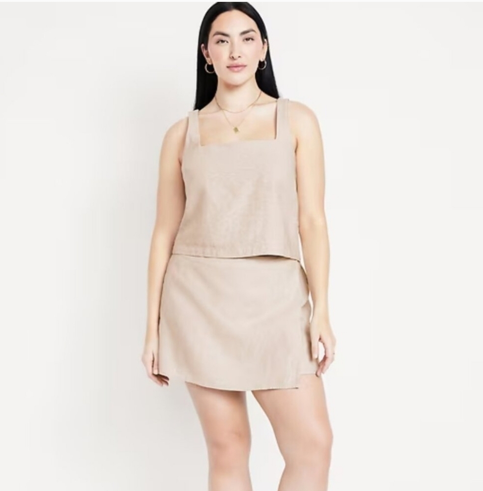 Old Navy Linen Blend Tan 2 Piece Set Skort Tank 3X Minimalist quiet luxury